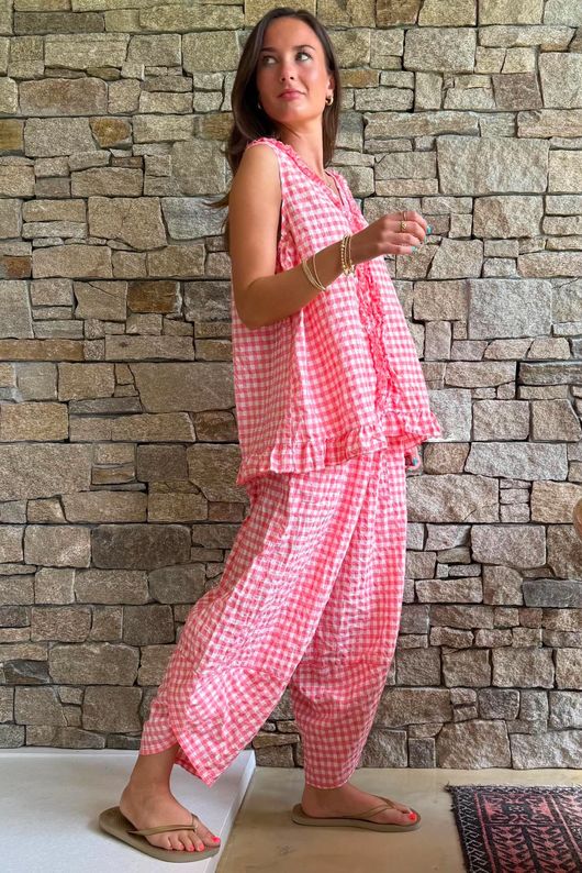 Nonni Gingham Ruffle Front Tank Sherbet Coral